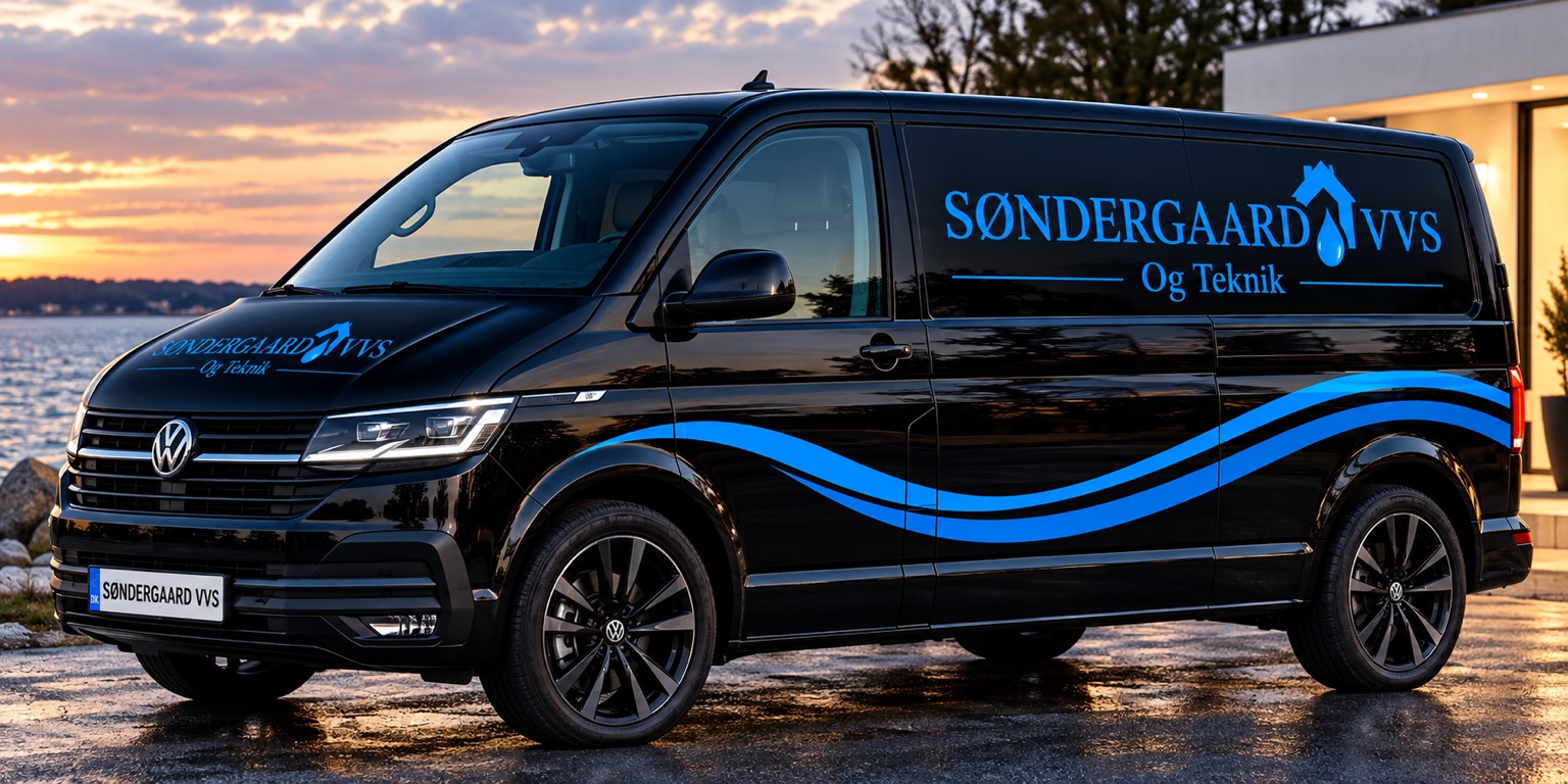 Sort Volkswagen Transporter med Søndergaard VVS & Teknik branding